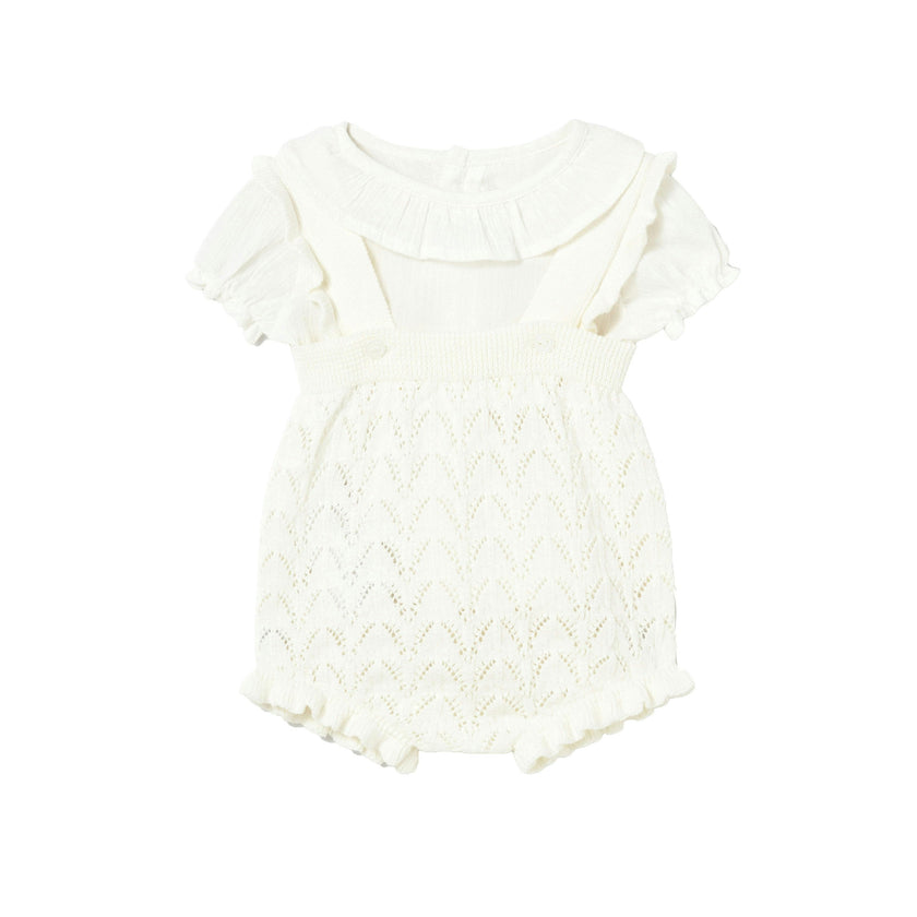 White Knitted Baby Romper with Puff Sleeves