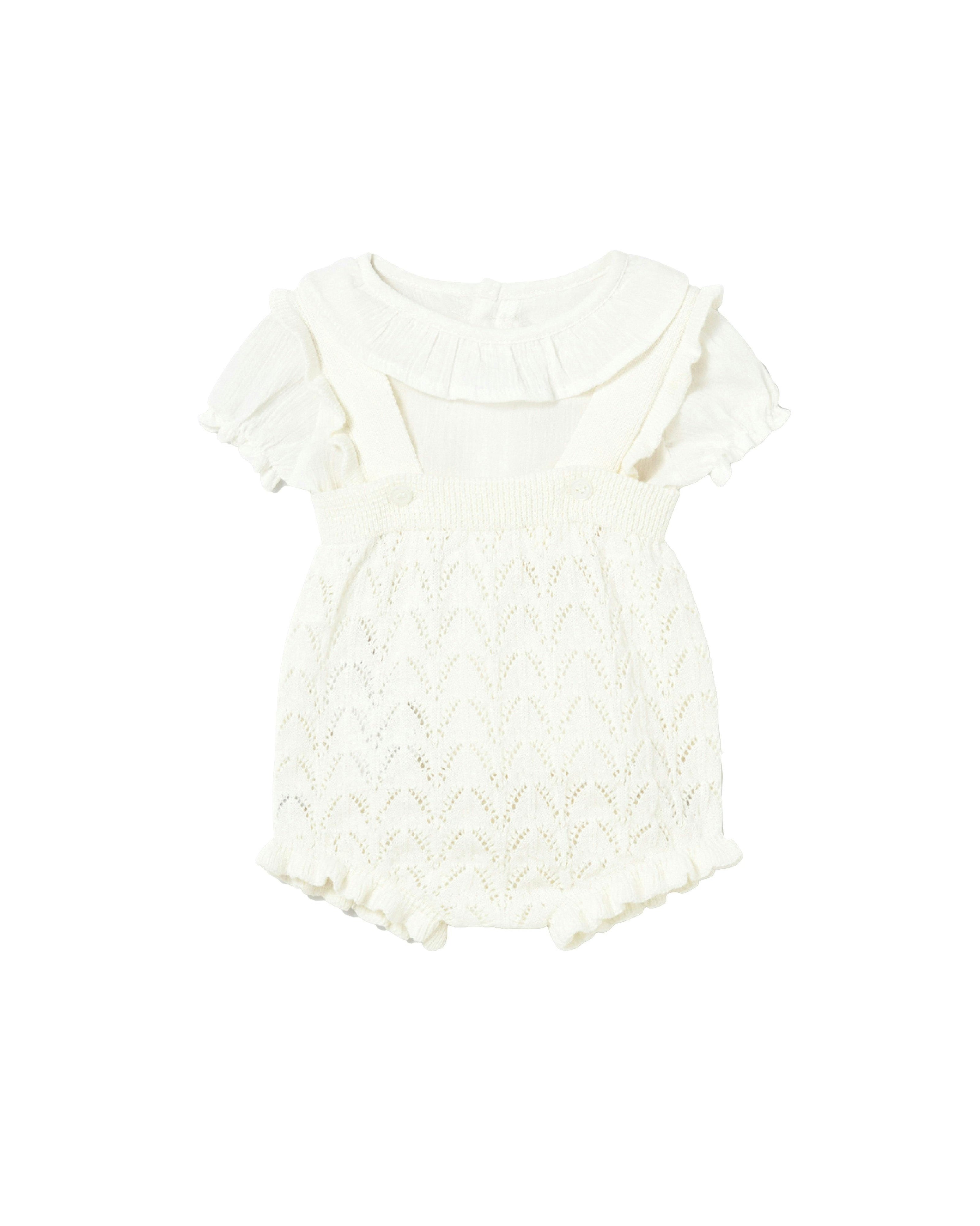 White Knitted Baby Romper with Puff Sleeves