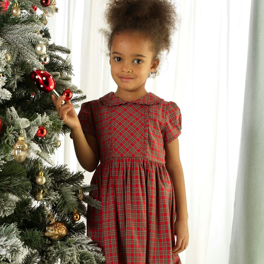 Tartan Frill Peter Pan Collar Puff Sleeve Sash Tie Dress