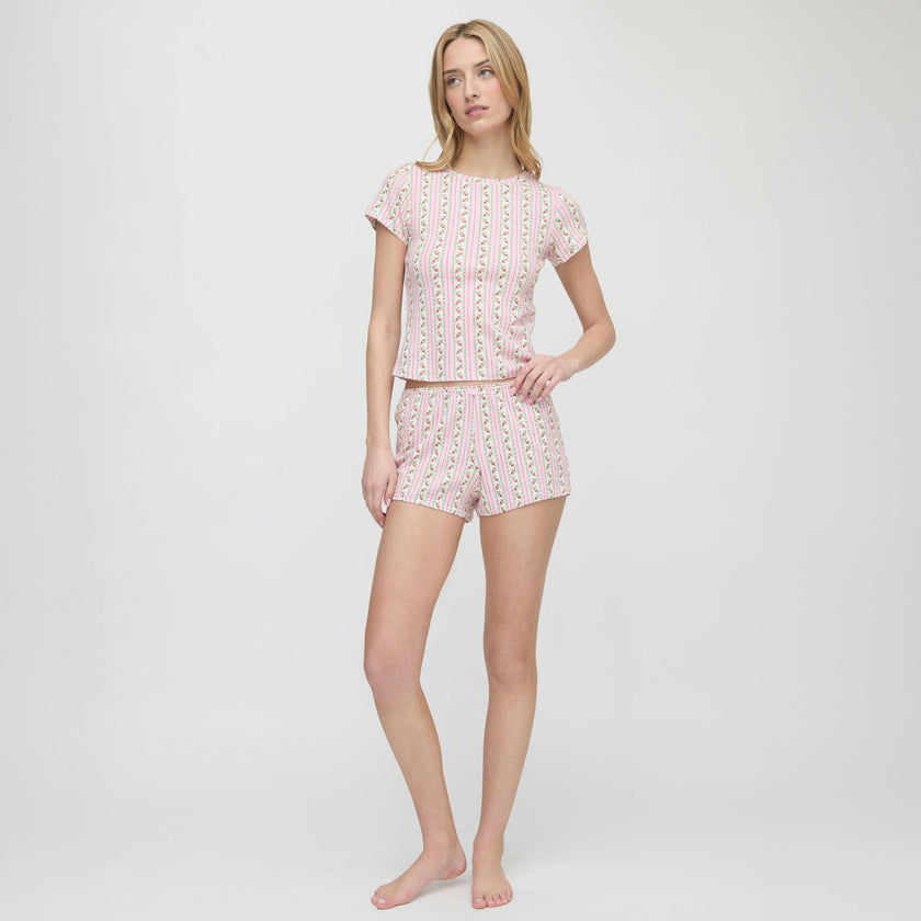The Coco Pointelle PJ Set - Pink Floral Dot Stripe