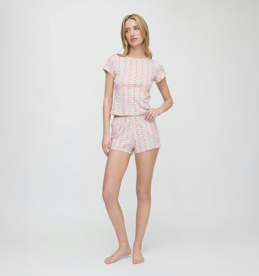 The Coco Pointelle PJ Set - Pink Floral Dot Stripe