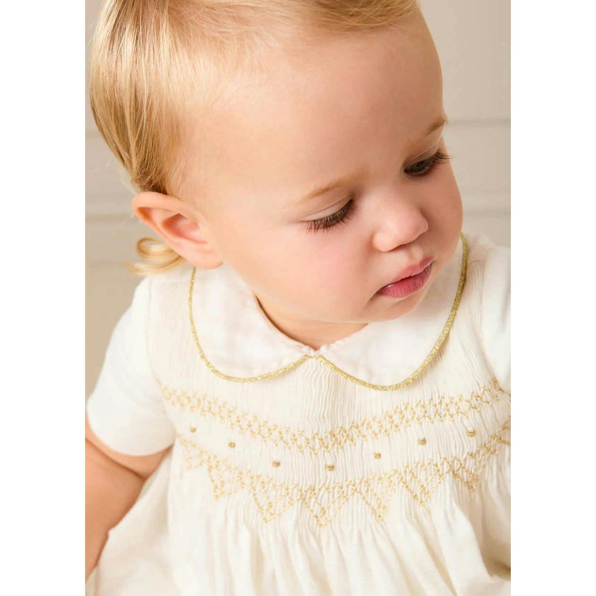 Hand Smocked Gold Embroidered Short Sleeve Romper in Ivory (3mths-2yrs)
