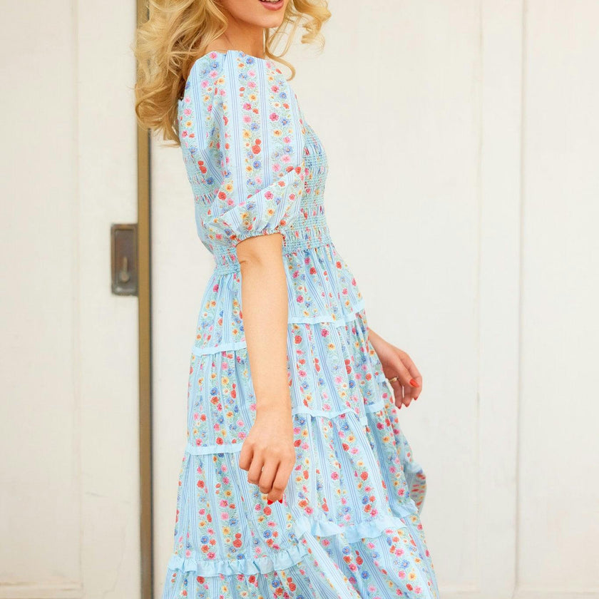 Roselyn Dress in Blue Linear Floral Print