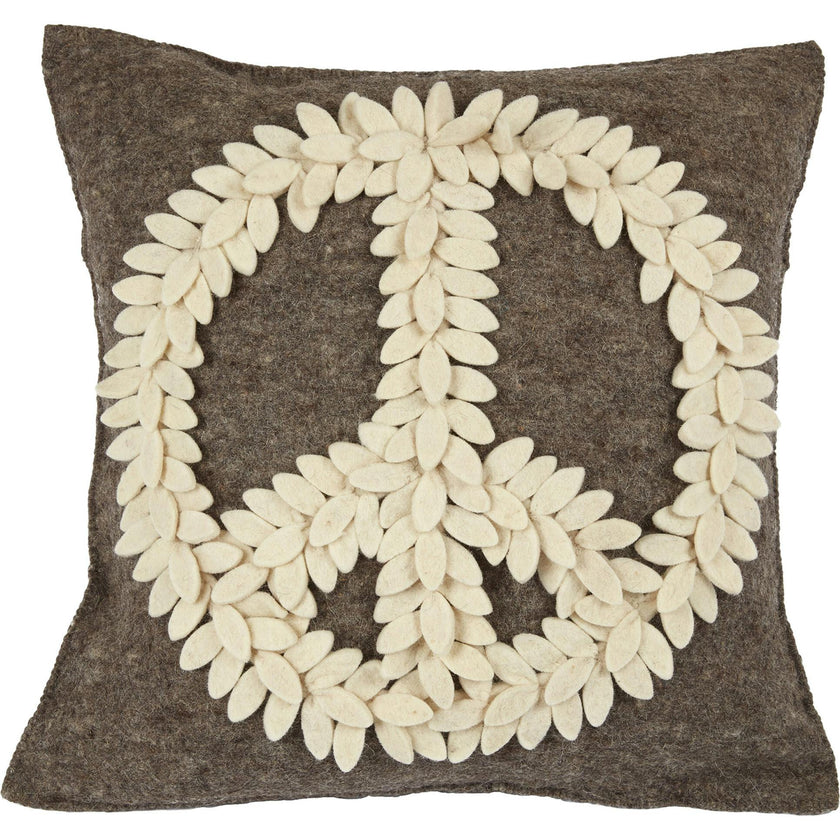 Hand Felted Wool Pillow Cover, Cream Peace Sign Gray, 20"