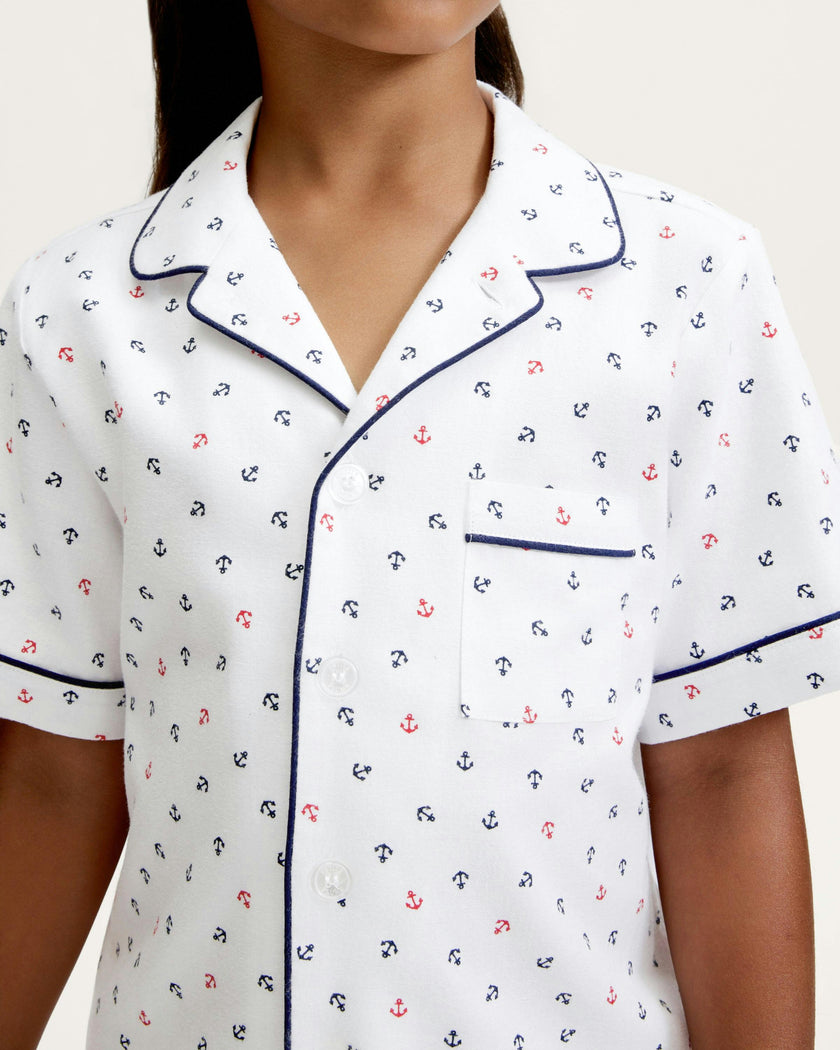 Kid's Twill Pajama Short Set in Anchors Away White