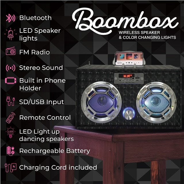 Bluetooth FM Radio W LED  Speakers Black Boombox