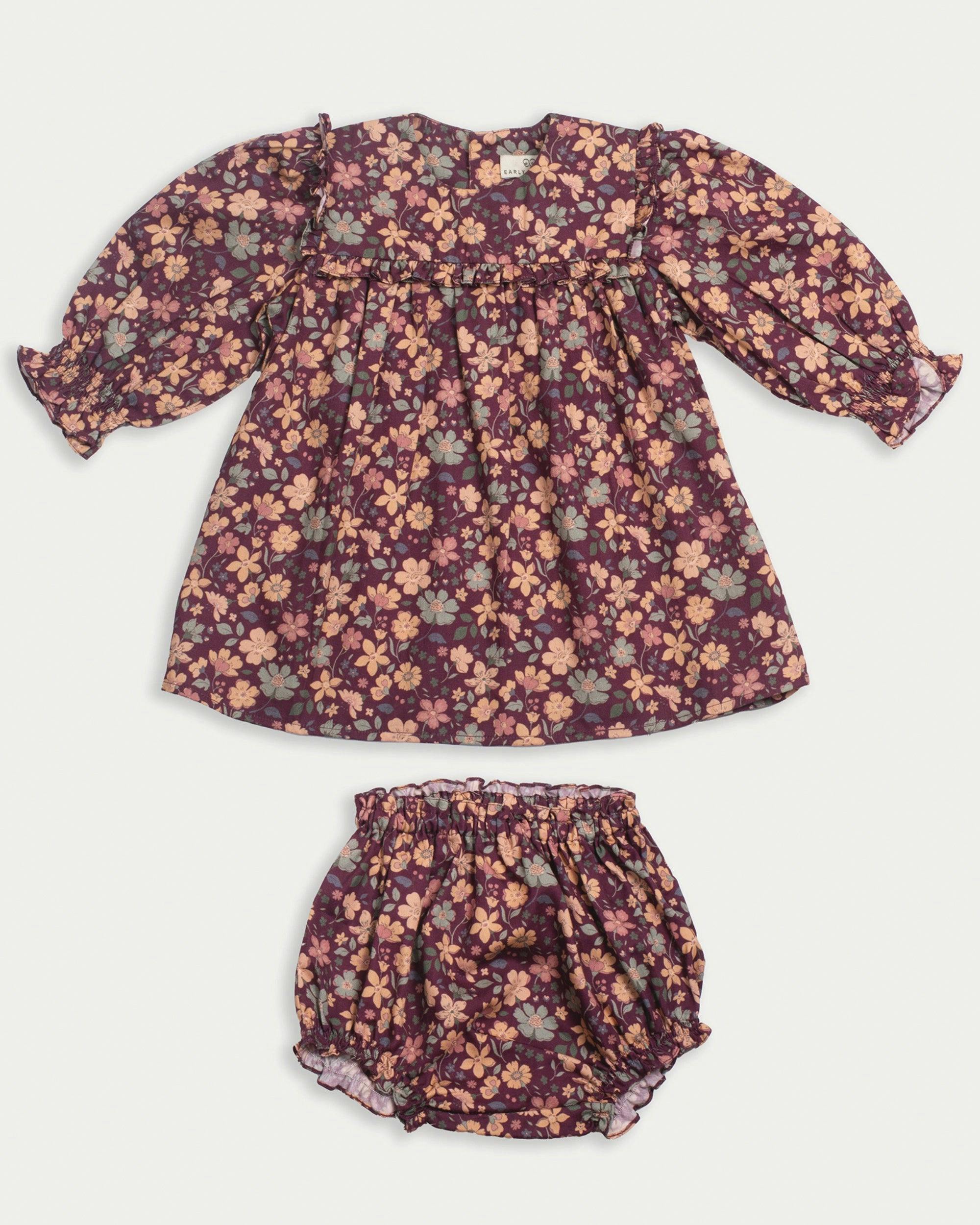 Lottie Baby Dress & Bloomer Set - Garden Flowers Plum