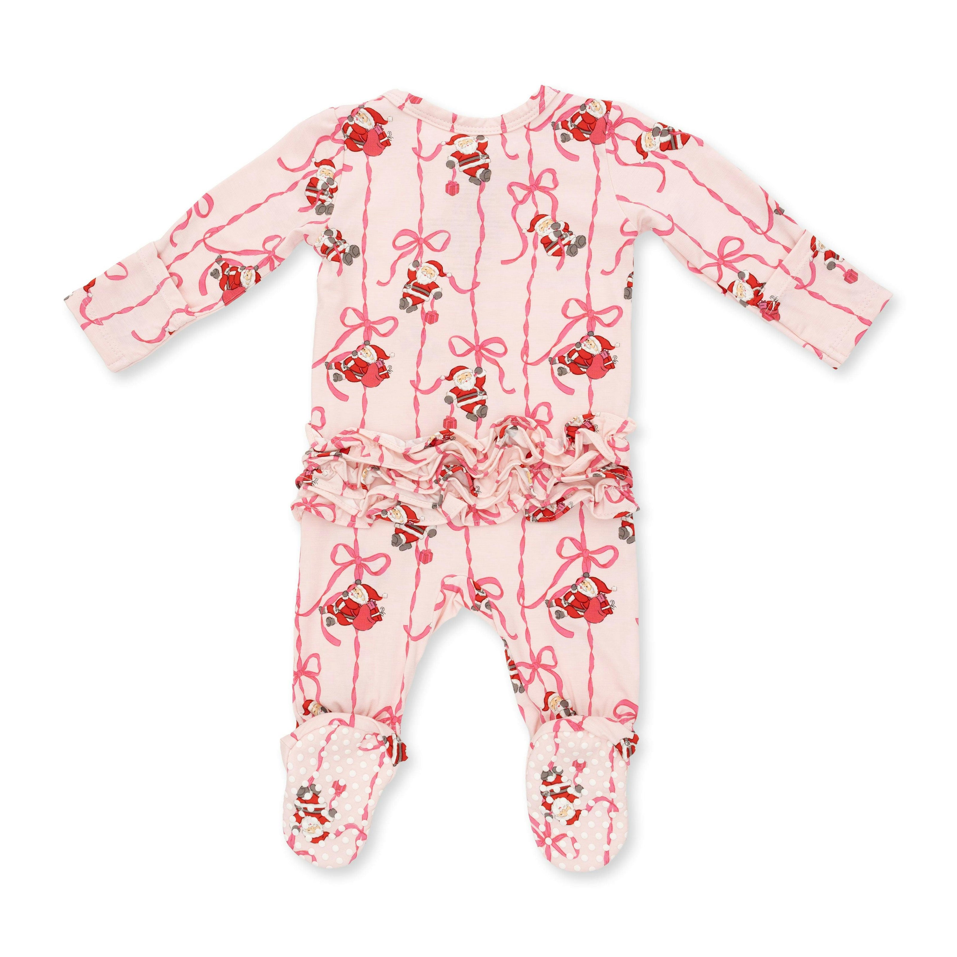Bows & Santa - 2 Way Ruffle Back Zipper Footie