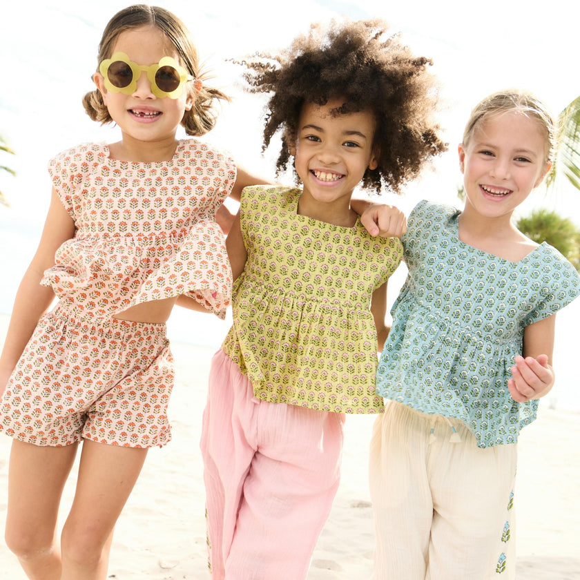 Girls Kamari Top - Blue Prairie Block Print