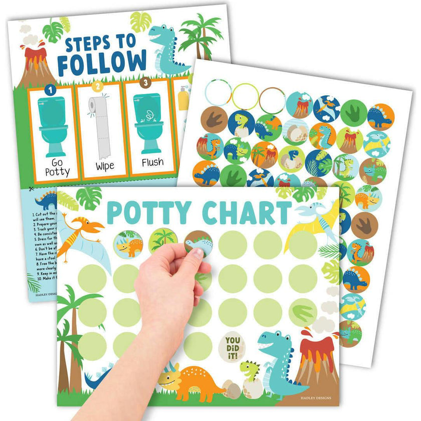 10-Piece Potty Training Charts & 6-Piece Dino Bathroom Wall Art Decor Prints
