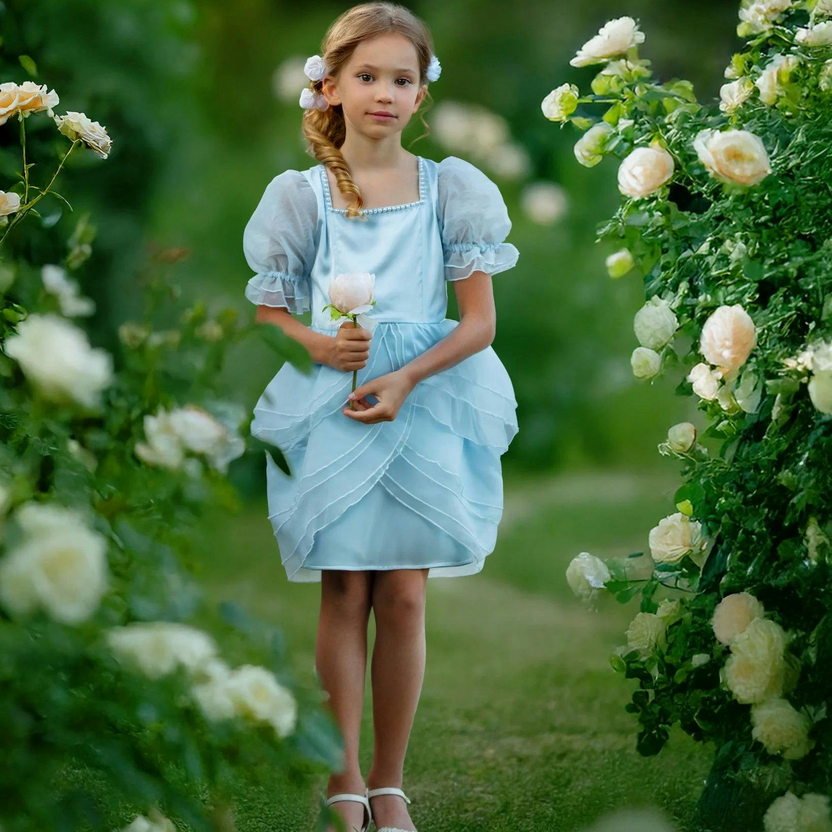 Sky Petal Princess Ruffle Blue Birthday Dress for Girls
