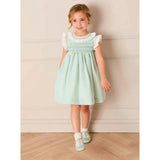 Wimbledon Stripe Hand Smocked Frill Collar Cap Sleeve Dress in Green (12mths- 10yrs)