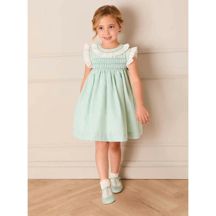 Wimbledon Stripe Hand Smocked Frill Collar Cap Sleeve Dress in Green (12mths- 10yrs)