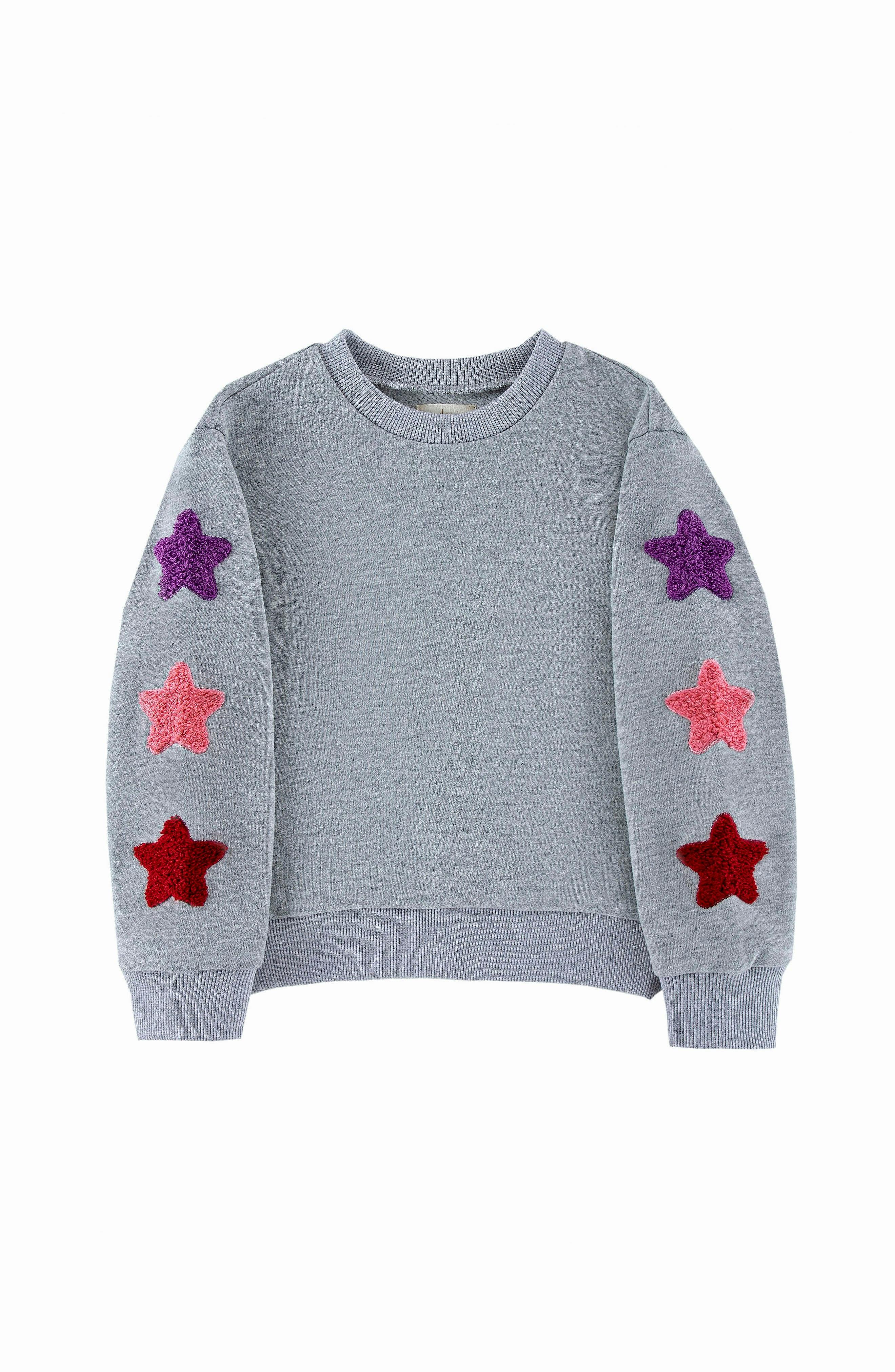Brushed Fleece Patch Pullover Sweatshirt, Gray Stars