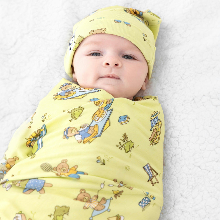 Teddy Bear Picnic Bamboo Swaddle & Beanie Set