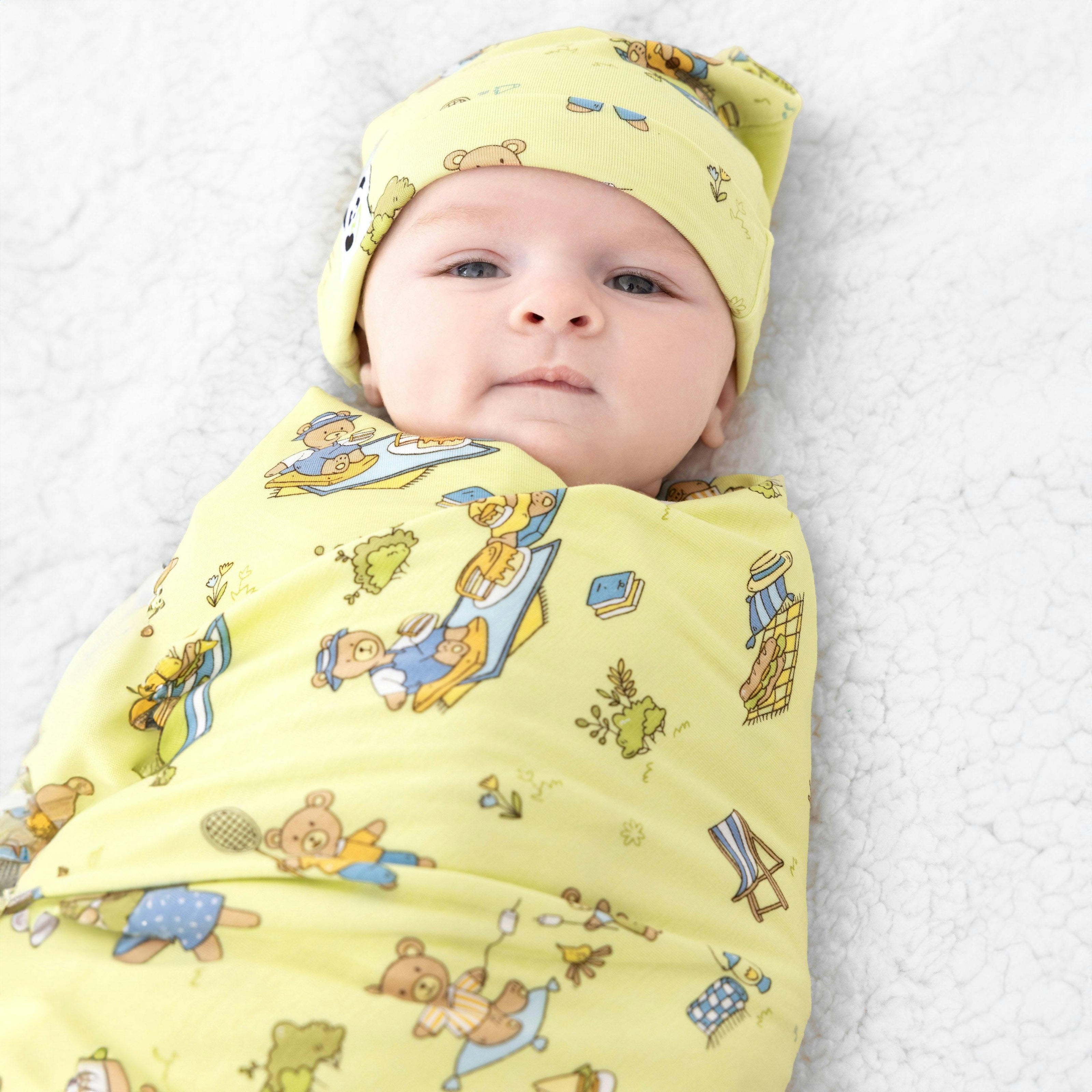 Teddy Picnic Bamboo Swaddle & Beanie Set