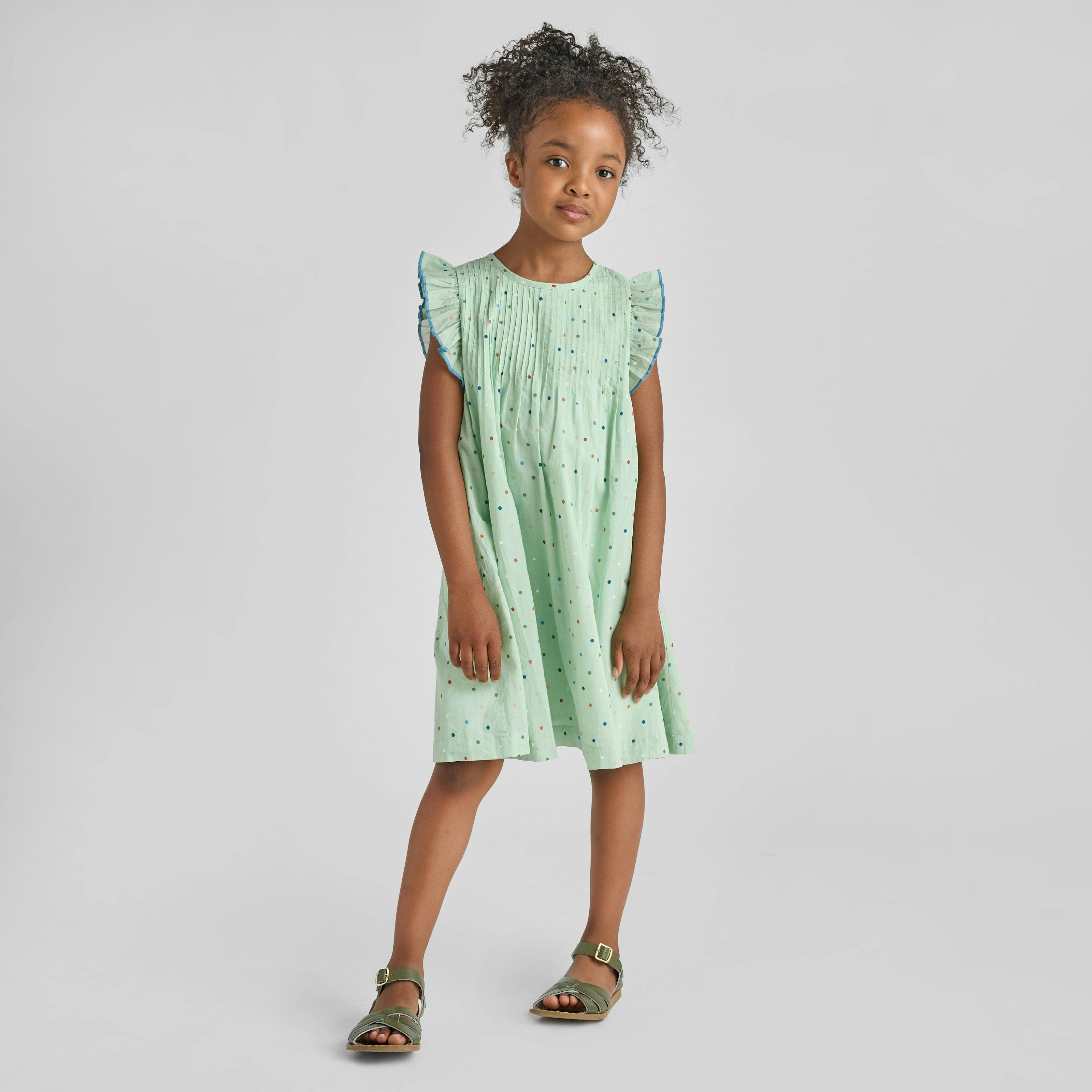 Girls Jaipur Dress - Pastel Green Polka Dot