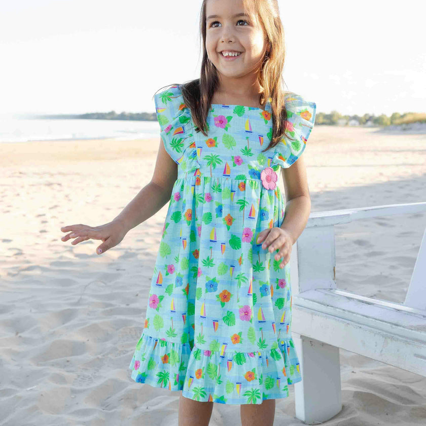 Printed Linen-Look Dress With Flower