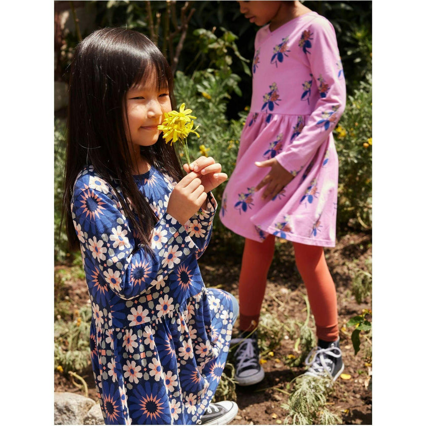 Crew Neck Long Sleeve Gathered Skirt Dress, Multi