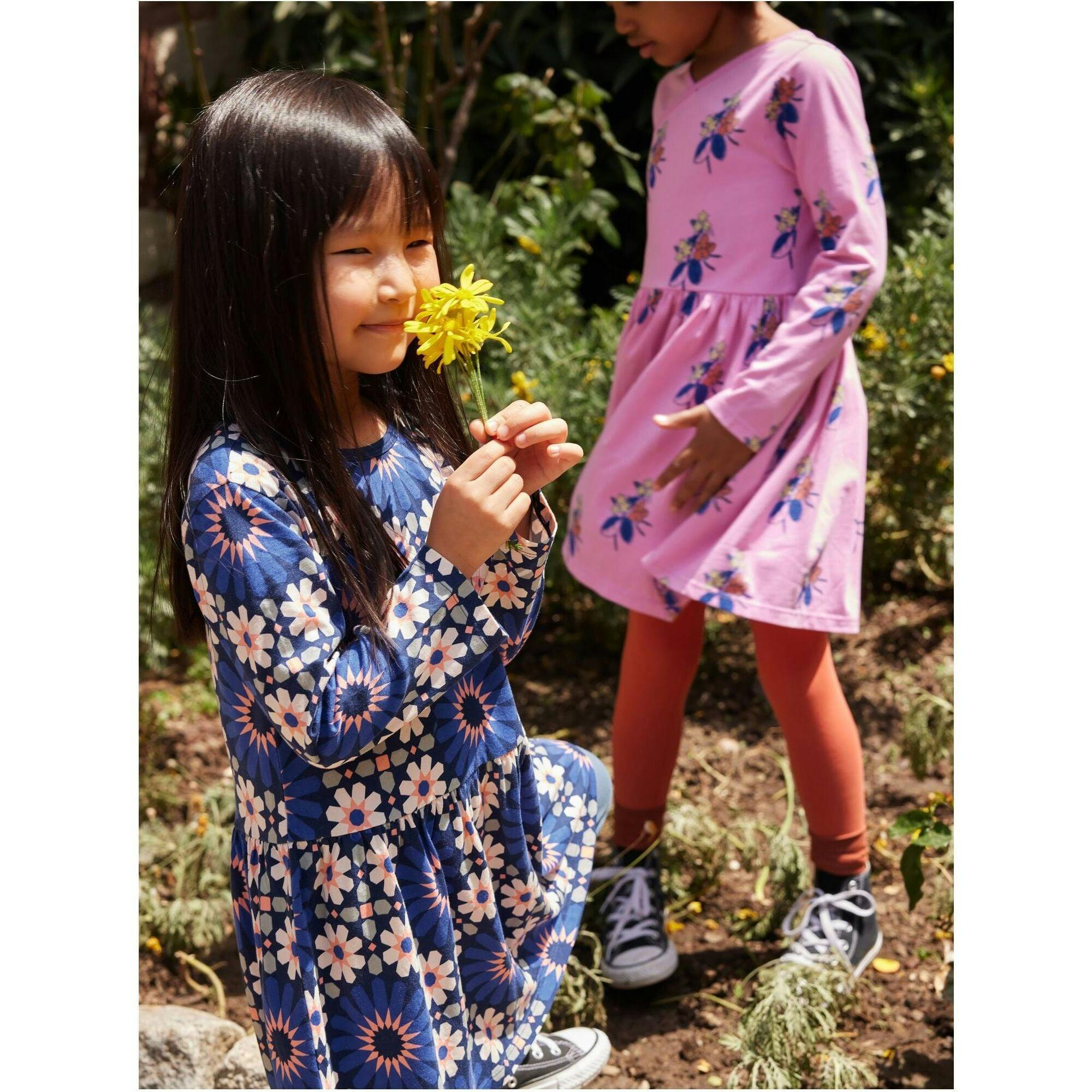 Crew Neck Long Sleeve Gathered Skirt Dress, Multi
