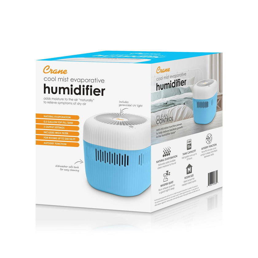 Evaporative  Humidifier, Cool Mist 0.5 Gal Top Fill, UV Light, Wick Filter