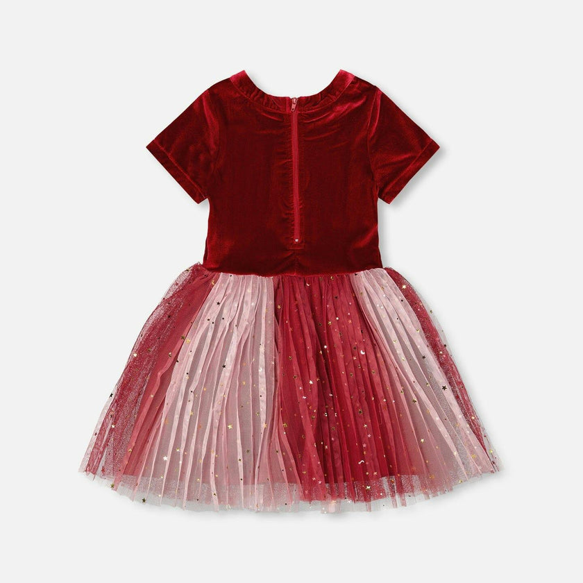 Bi-Material Short Sleeve Party Dress