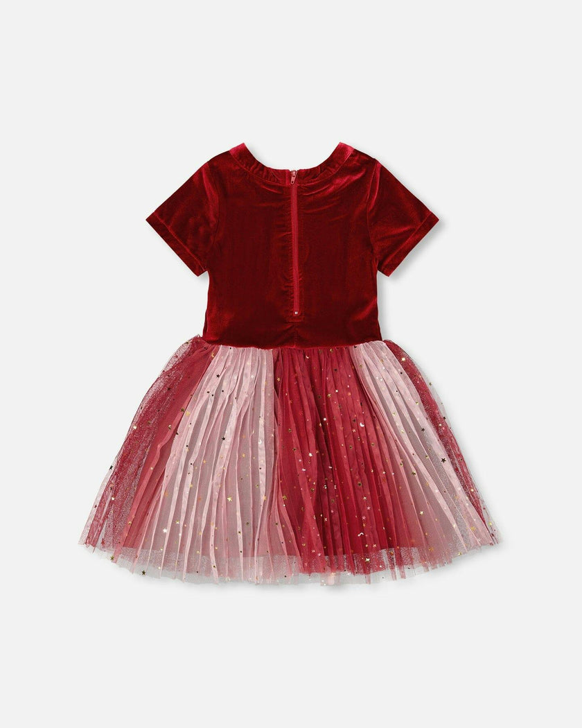 Bi-Material Short Sleeve Party Dress
