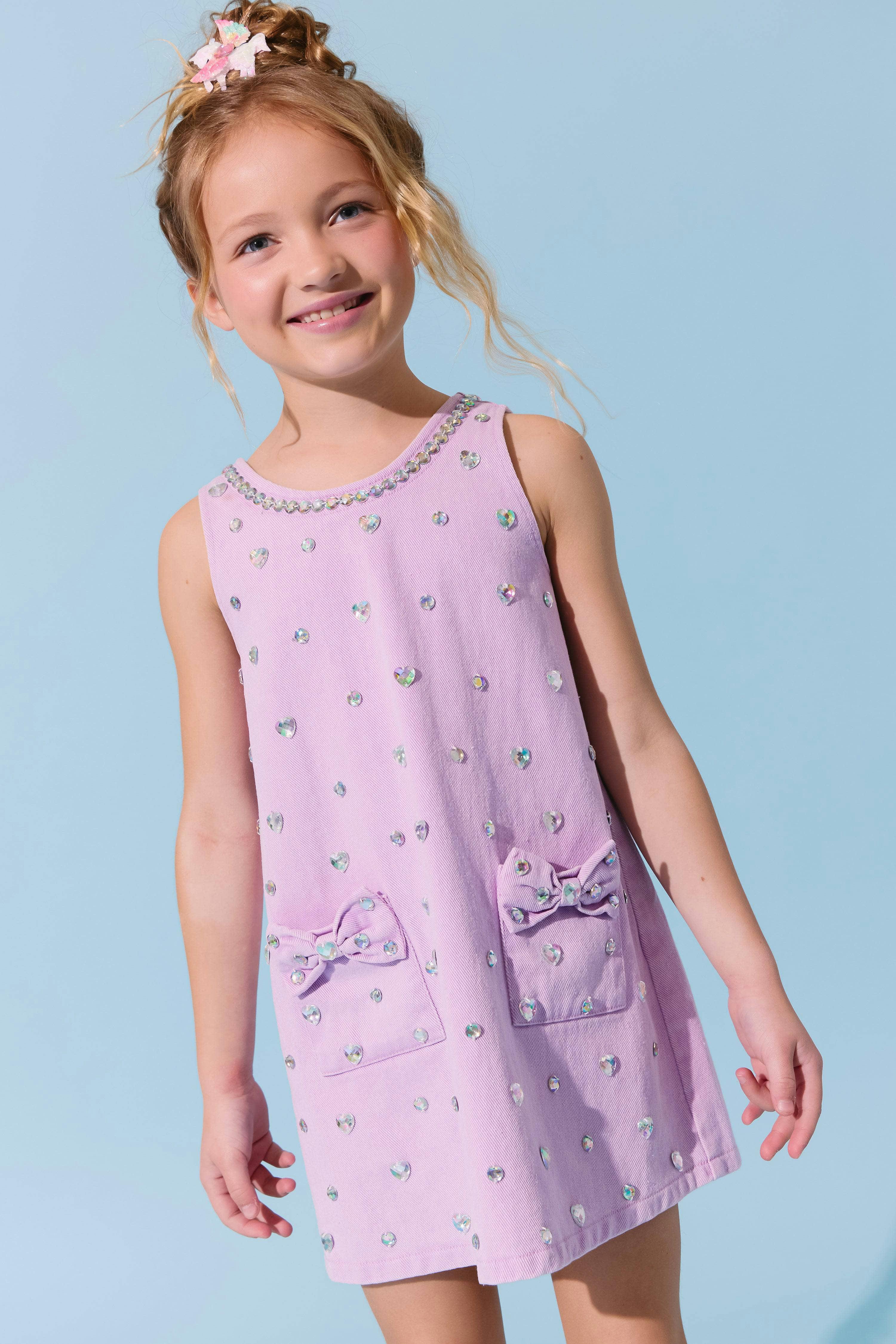 Lavender Crystal Heart Denim Bow Dress