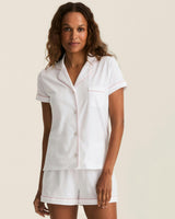 The Poppy Pima Short Set in White with Pink Piping