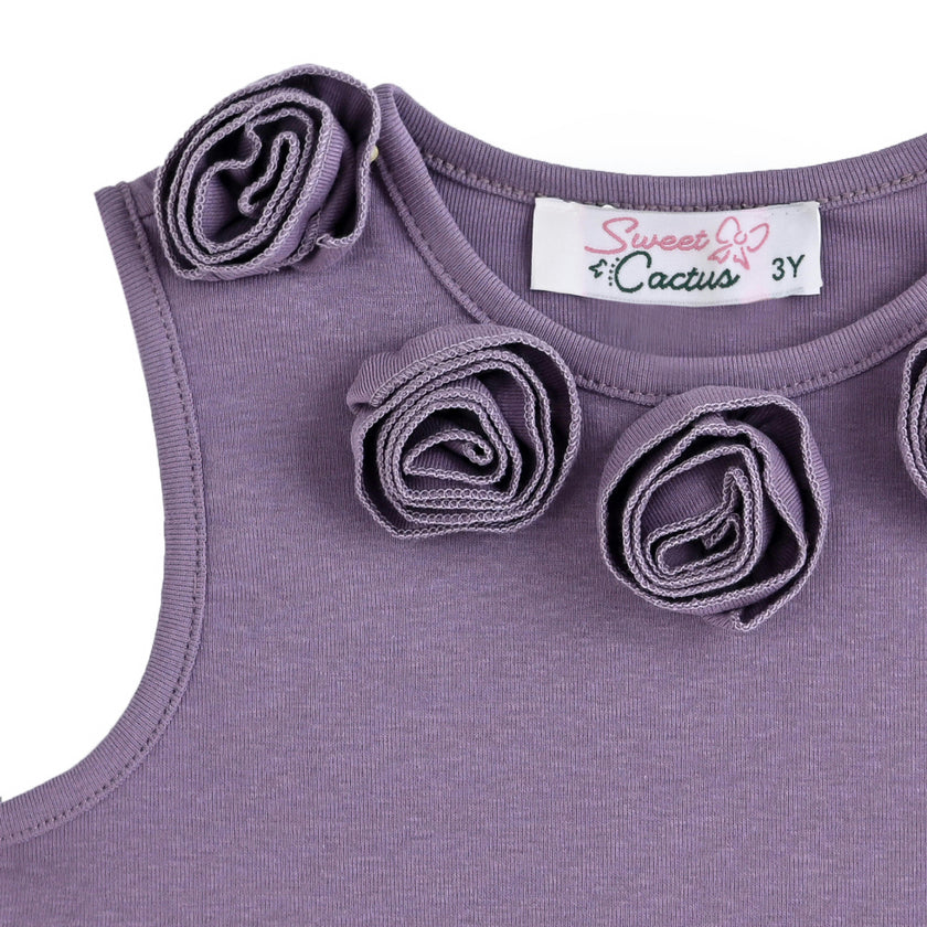 Purple Rosette Top and Lace-Trim Shorts Set