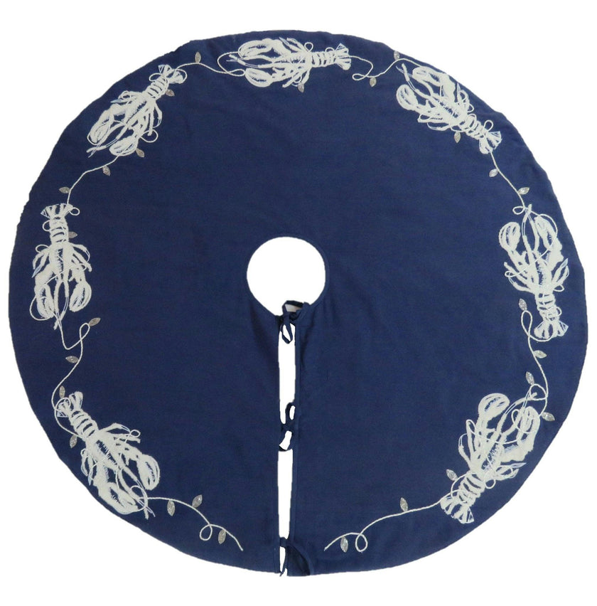 Handmade Lobsters Navy Blue Cotton Christmas Tree Skirt 60"