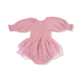 Solid Rose Elegance - Long Sleeve Smocked Bubble with Tutu
