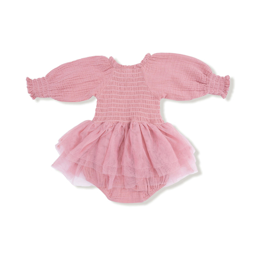 Solid Rose Elegance - Long Sleeve Smocked Bubble with Tutu