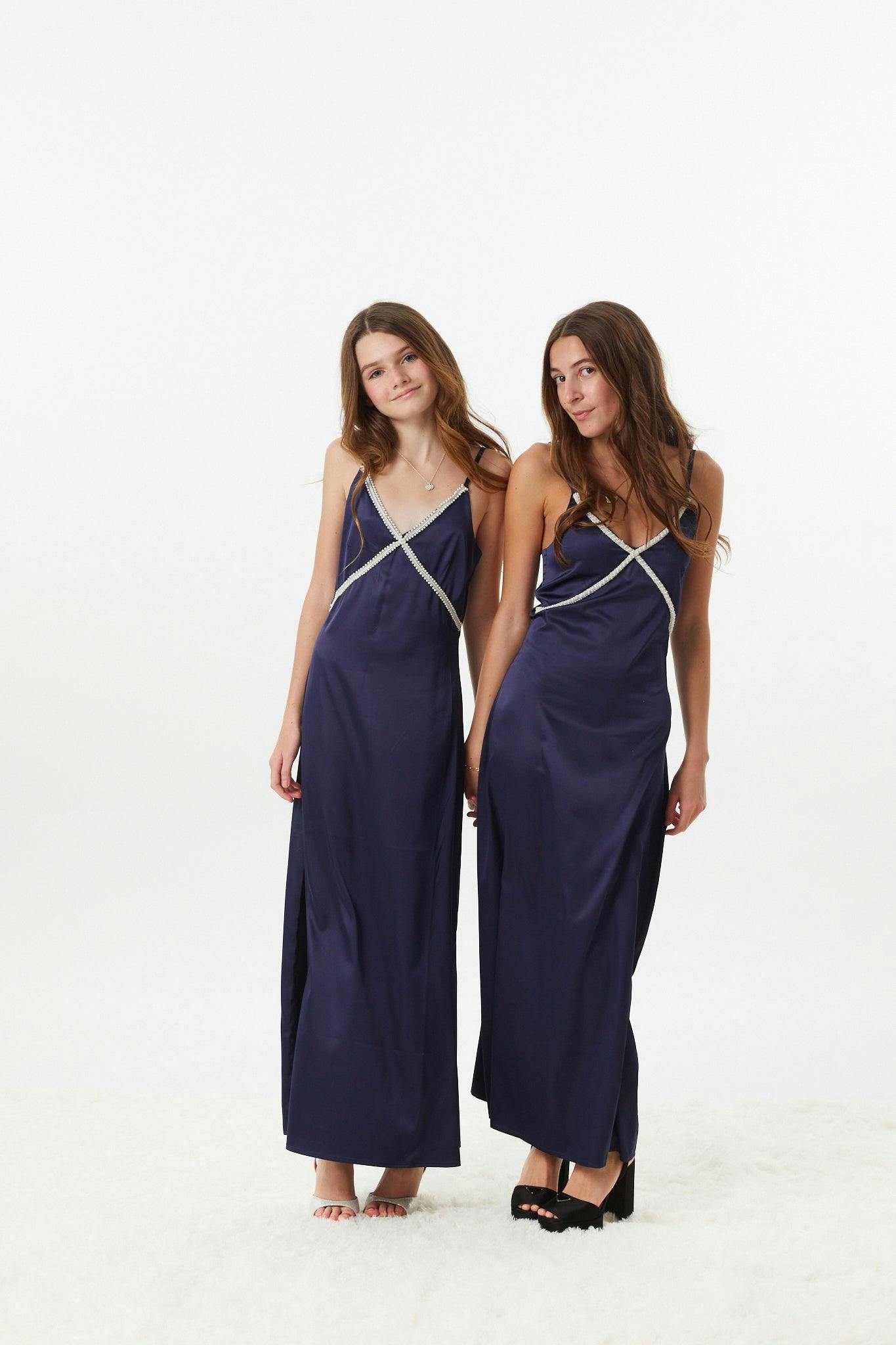 Miller Navy Satin Maxi Dress With Lace Trim