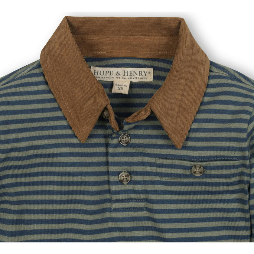 Organic Long Sleeve Jersey Polo with Cord Collar, Blue