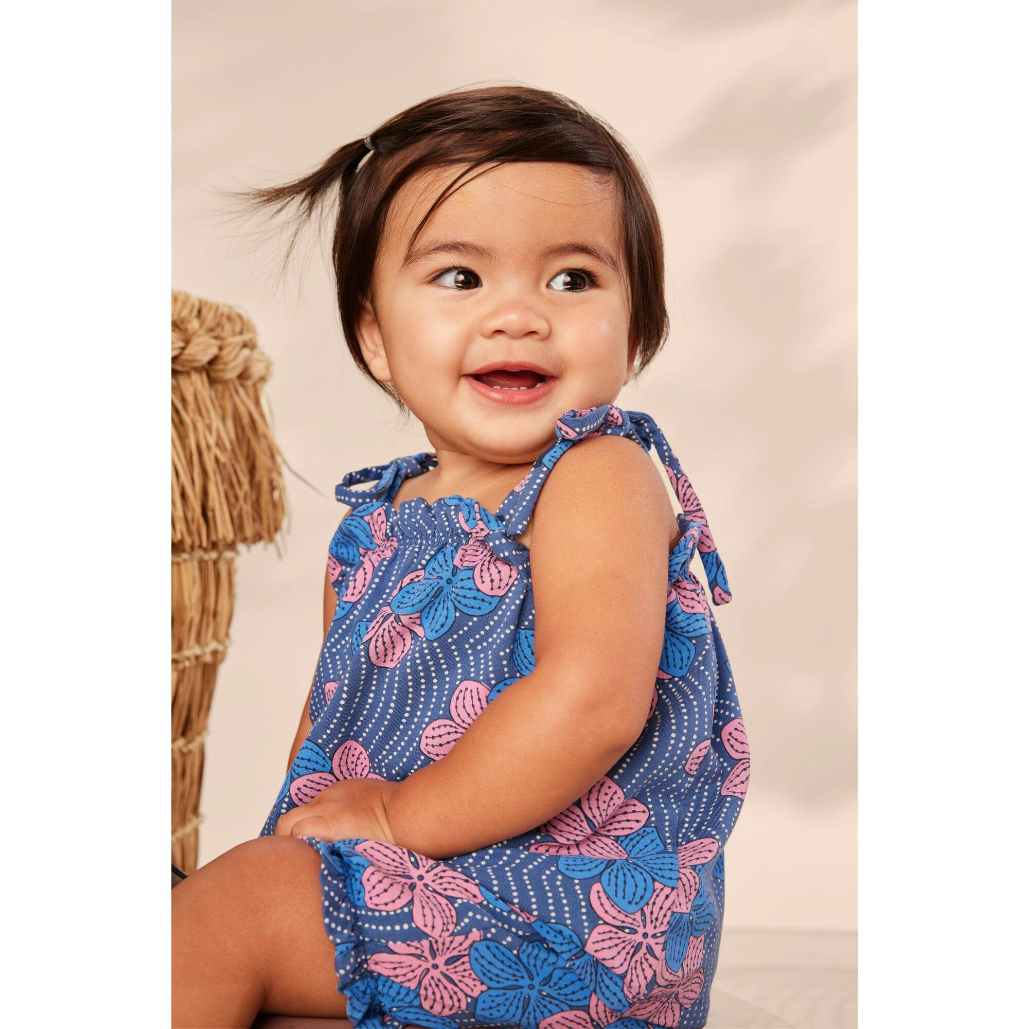 Baby Tie Shoulder Smocked Chest & Hem Set, Blue