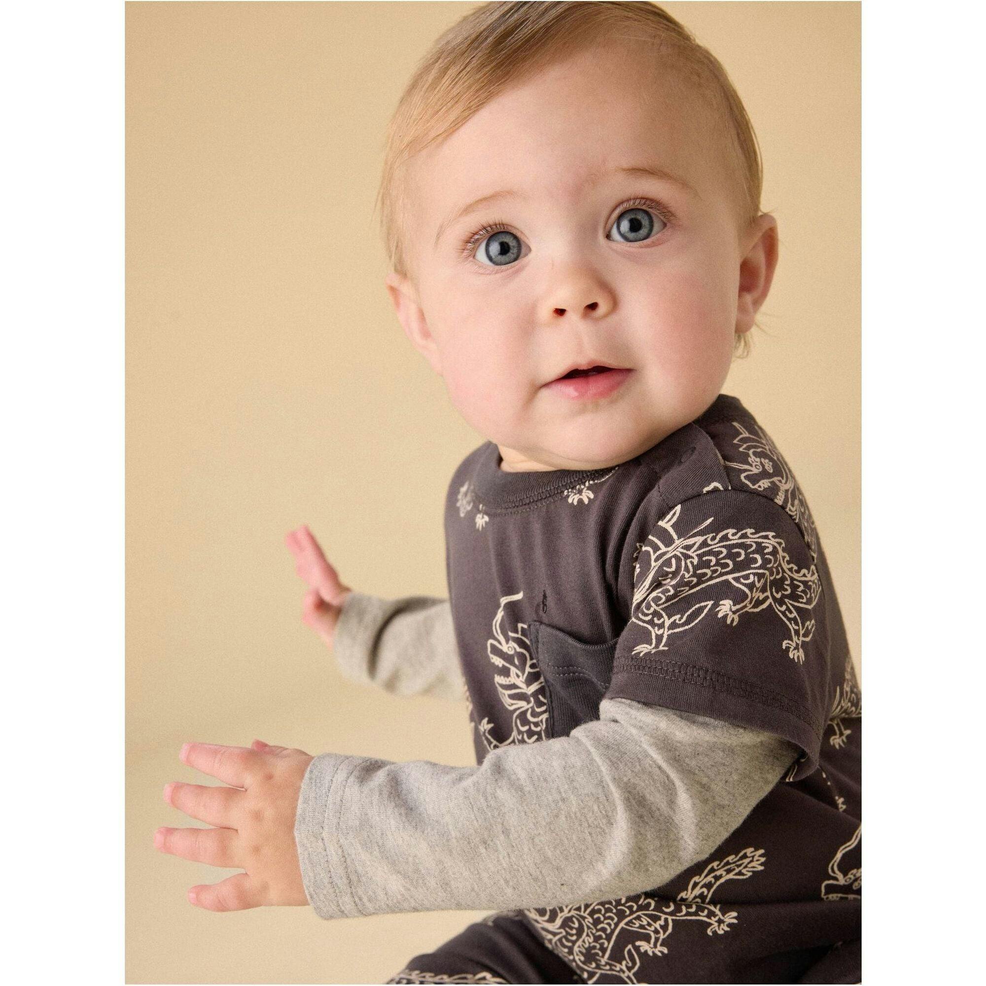 Layered Button-Up Baby Romper, Grey