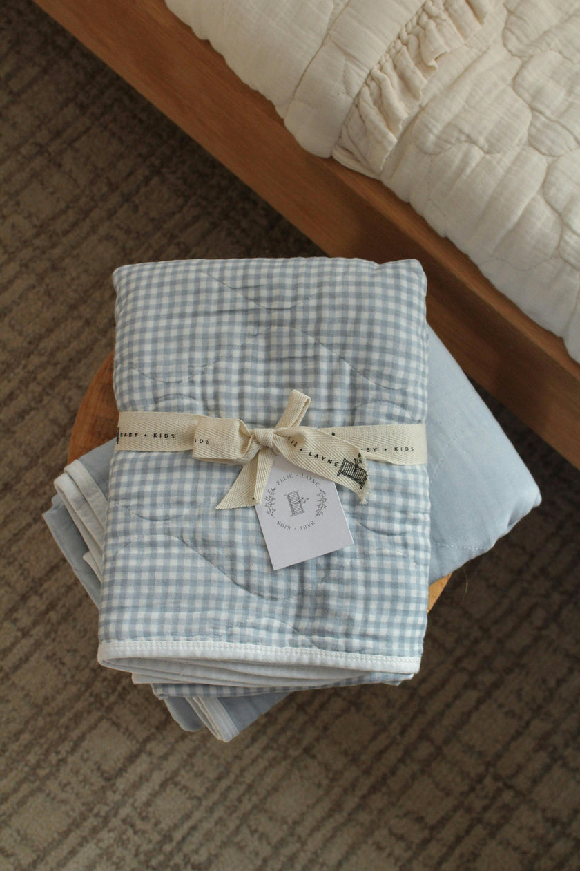 Dusty Blue Solids + Gingham QUILTED 6 Layer Gauze Blanket
