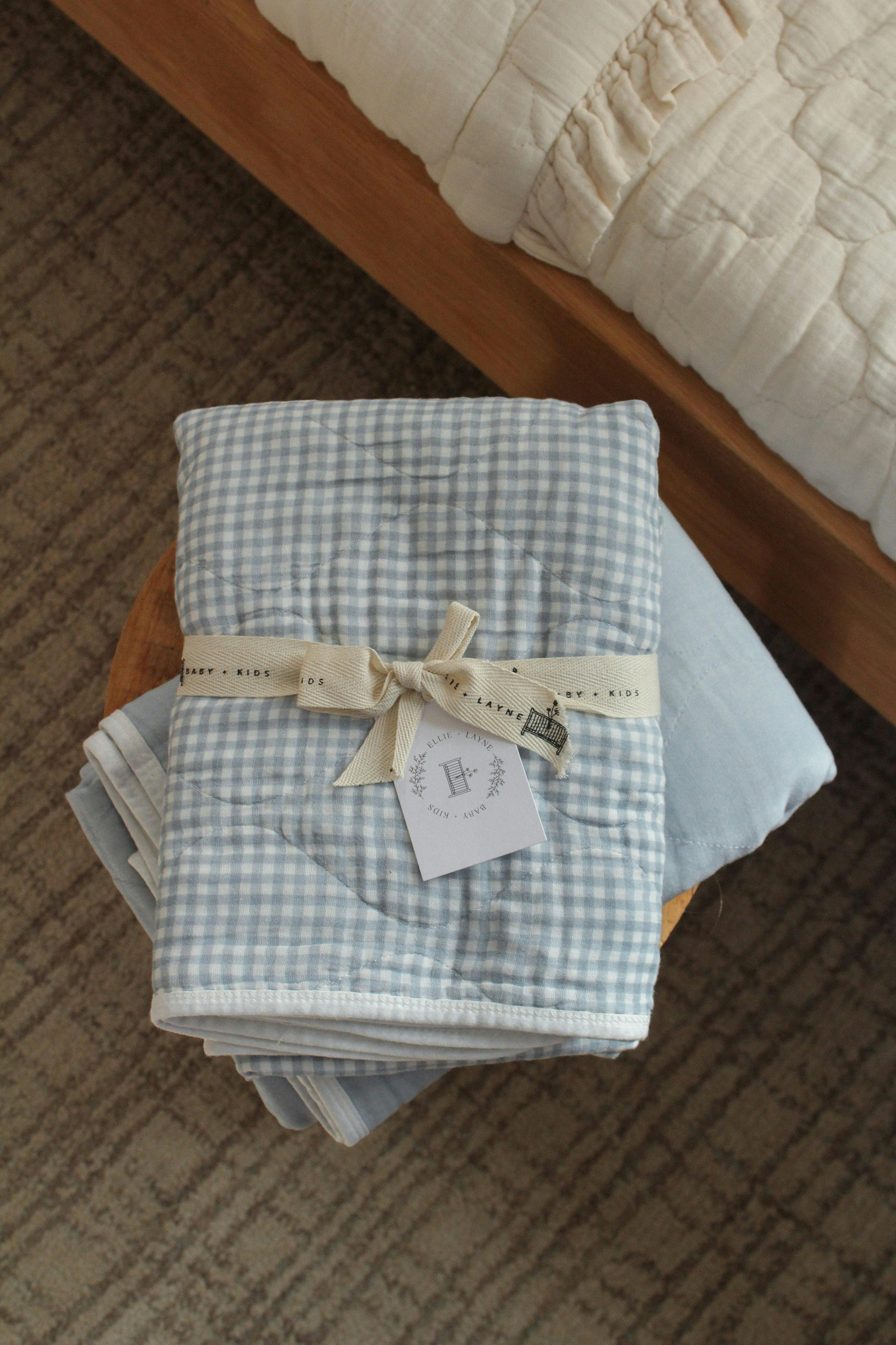 Dusty Blue Solids + Gingham QUILTED 6 Layer Gauze Blanket