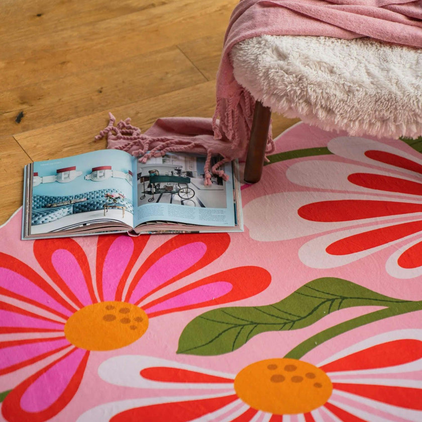Pink Base Pink Floral Wavy Rug by Jessica Miller