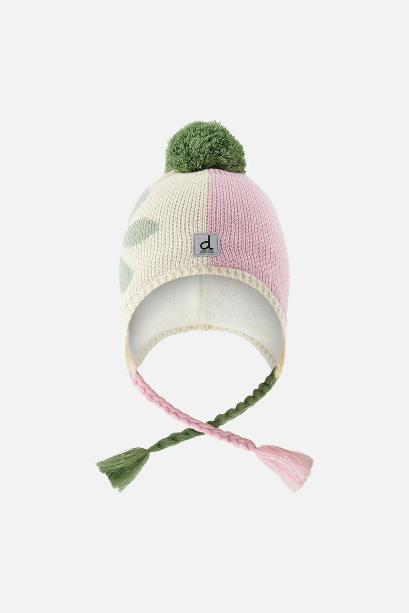Winter Peruvian Knit Hat with Pompom Lavender Pink and Green