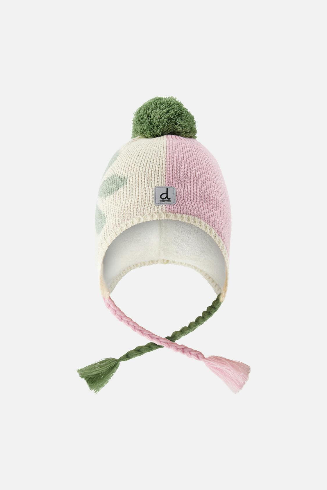 Winter Peruvian Knit Hat with Pompom Lavender Pink and Green
