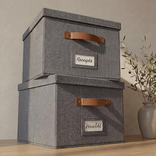 ZICOTO Decorative Ivory File Box Organizer Set of 2 - Collapsible Linen File Cabinet for Easy Folder Storage - Store All Your Documents and Folders in Style