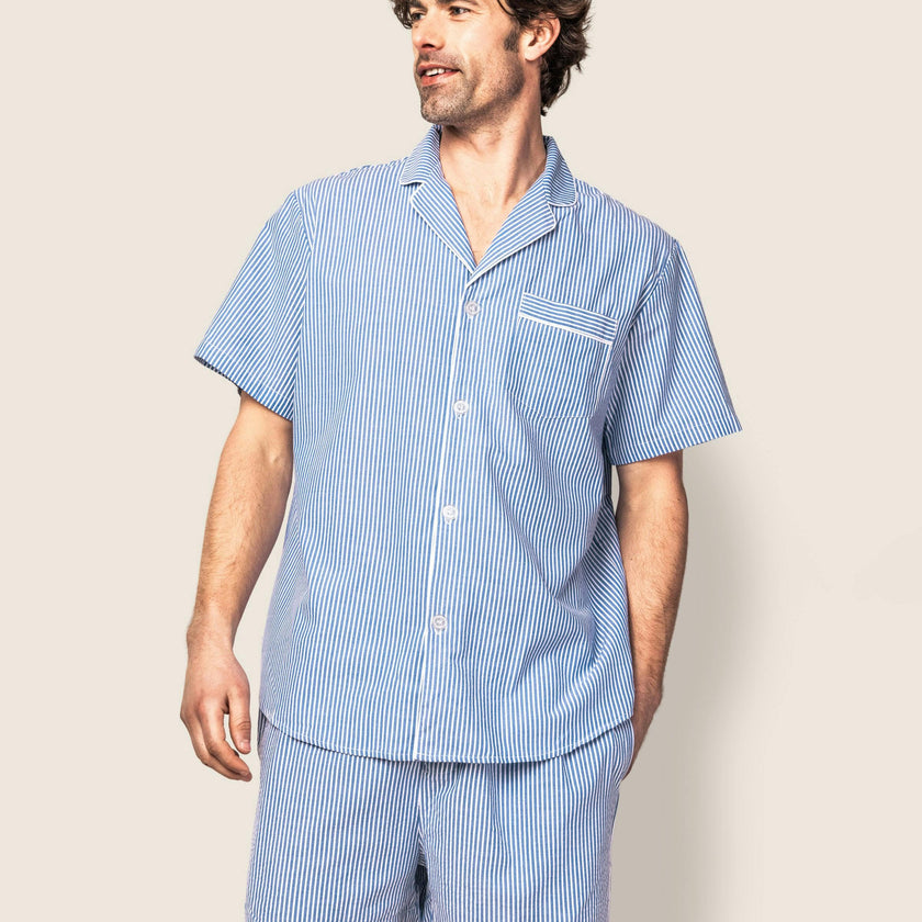 Men's Twill Pajama Short Set in French Blue Heritage Stripe