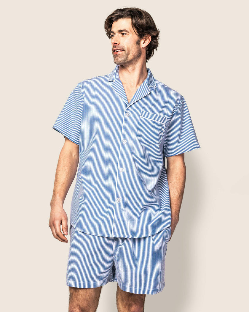 Men's Twill Pajama Short Set in French Blue Heritage Stripe