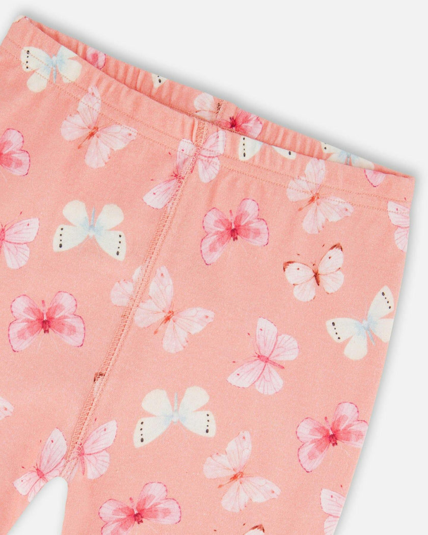 Organic Cotton Short Sleeve Top And Pant Pajama Set Pink And Blue Butterflies On Old Pink