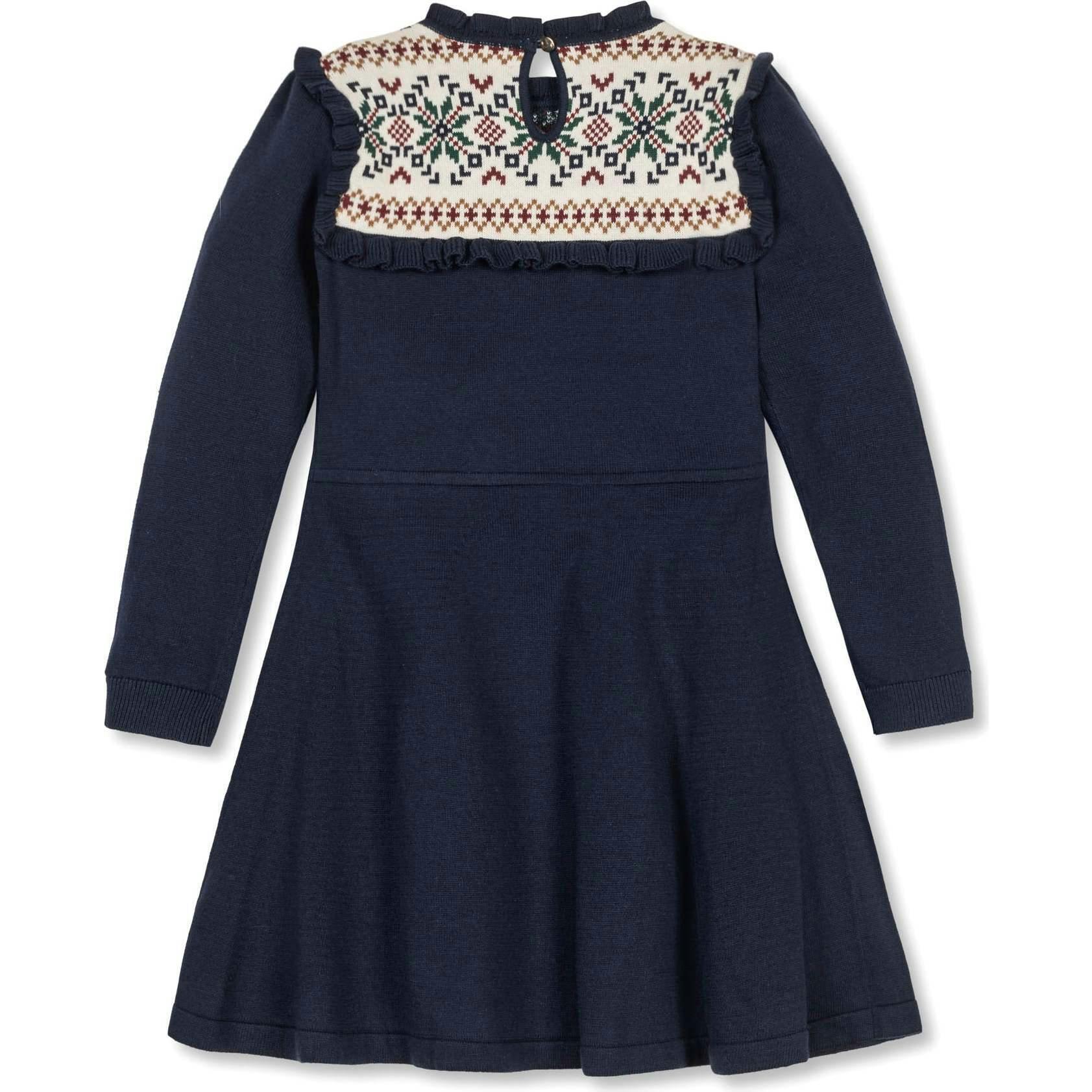 Girl's Organic Ruffle Collar Fair Isle Yoke Sweater Dress, Blue