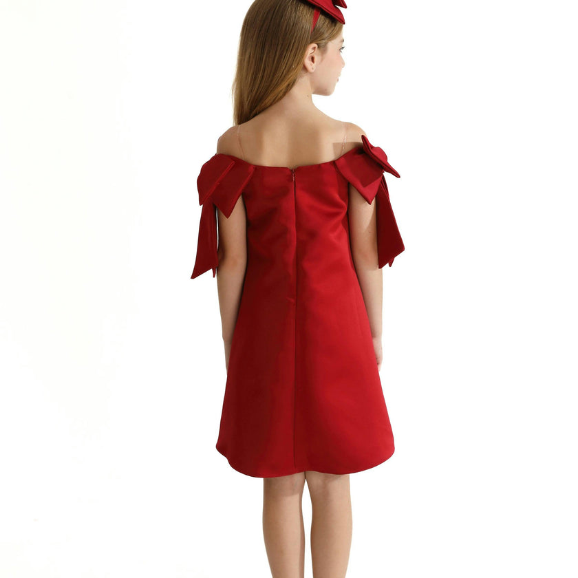 Red Luneta Off Shoulder Bow Dress