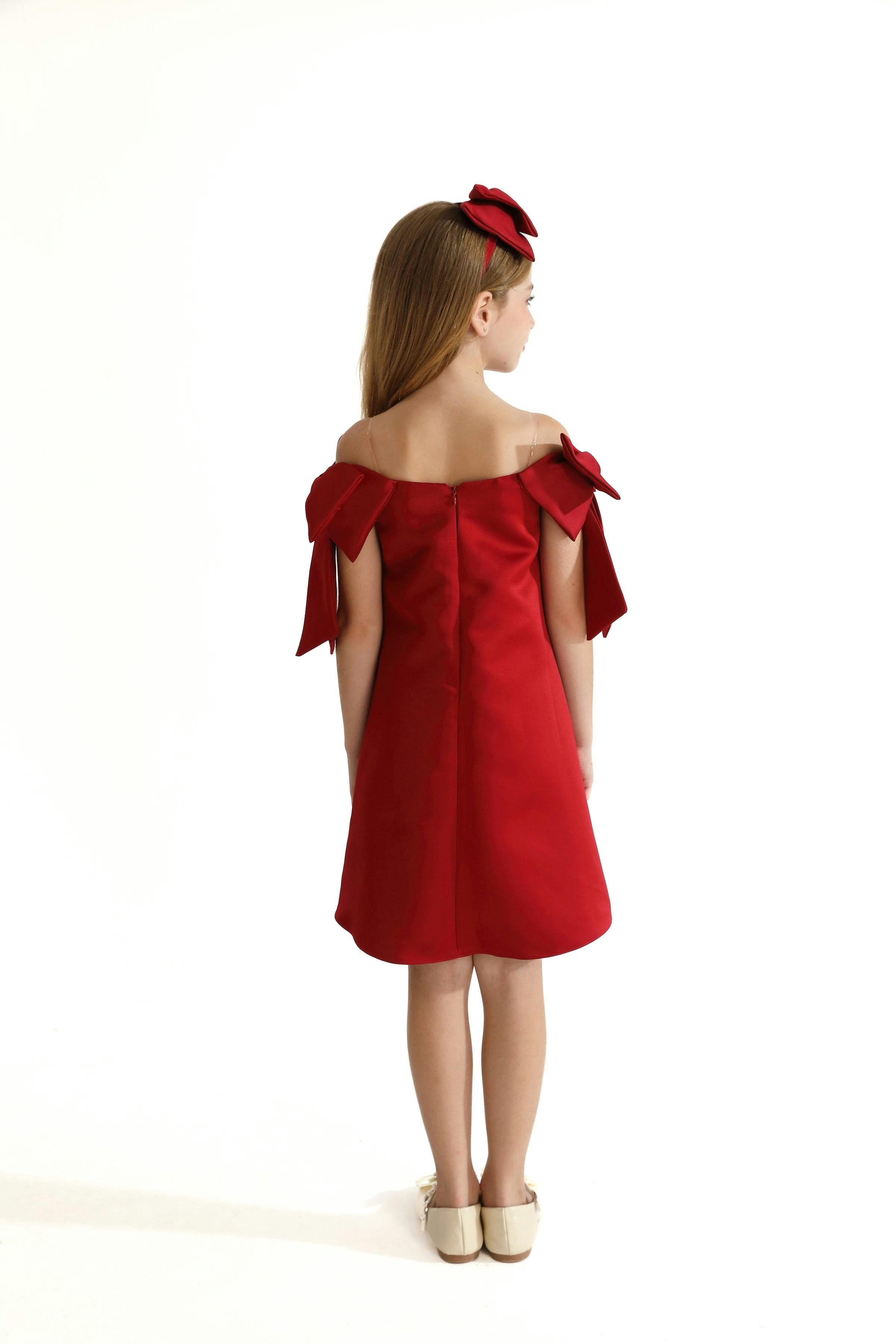Red Luneta Off Shoulder Bow Dress