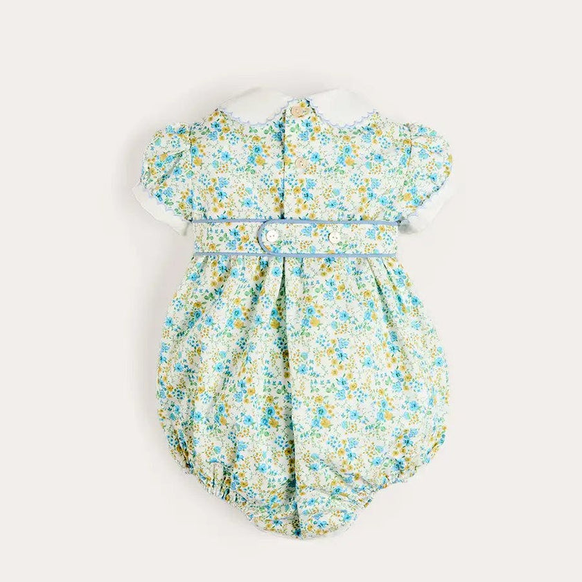 Louisa Floral Hand Smocked Short Sleeve Romper in Blue (3mths-2yrs)